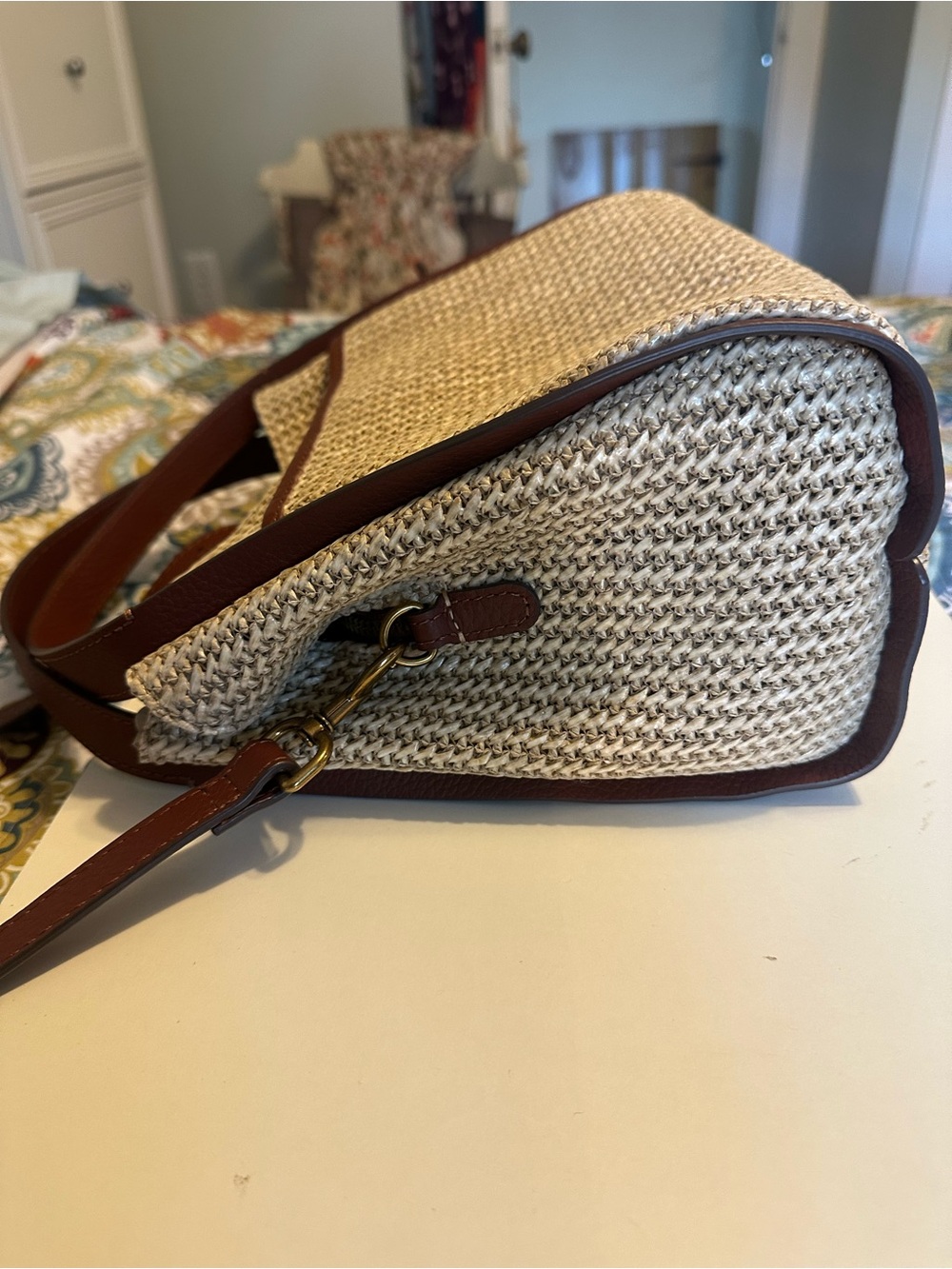 American Leather Co. Triple Entry Raffia & Leather Satchel Handbag Purse - Picture 7 of 9